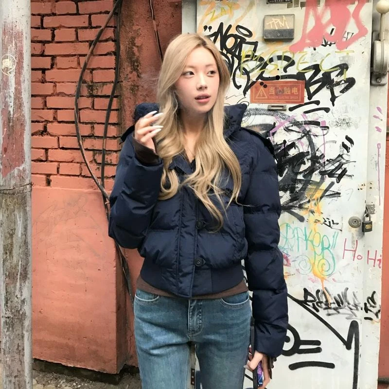 

Navy Blue Coat Sense of Advanced Winter New Atmosphere Korean Version Fur Collar and Hat Short Bread Jacket Ms. Loose and Warm