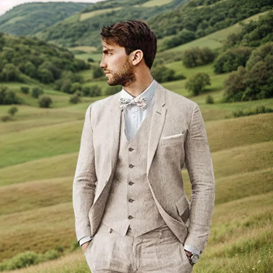 

Latest Design Summer Linen Men Suits 3 Piece Beach Wedding Prom Sets 2025 Slim Fit Jacket Coat Groom Tuxedo Costume Homme Suit