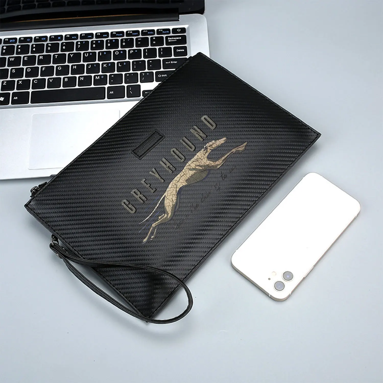 Greyhound running,driving leave us. Elegant Printed PU Men's Handbag Fashionable and Practical for Everyday Carry