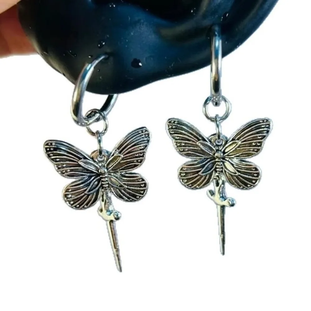 Gothic Temperament Ancient Silver Butterfly  Short Sword Pendant Hoop Earrings for Women Retro Halloween Party Jewelry Accessory