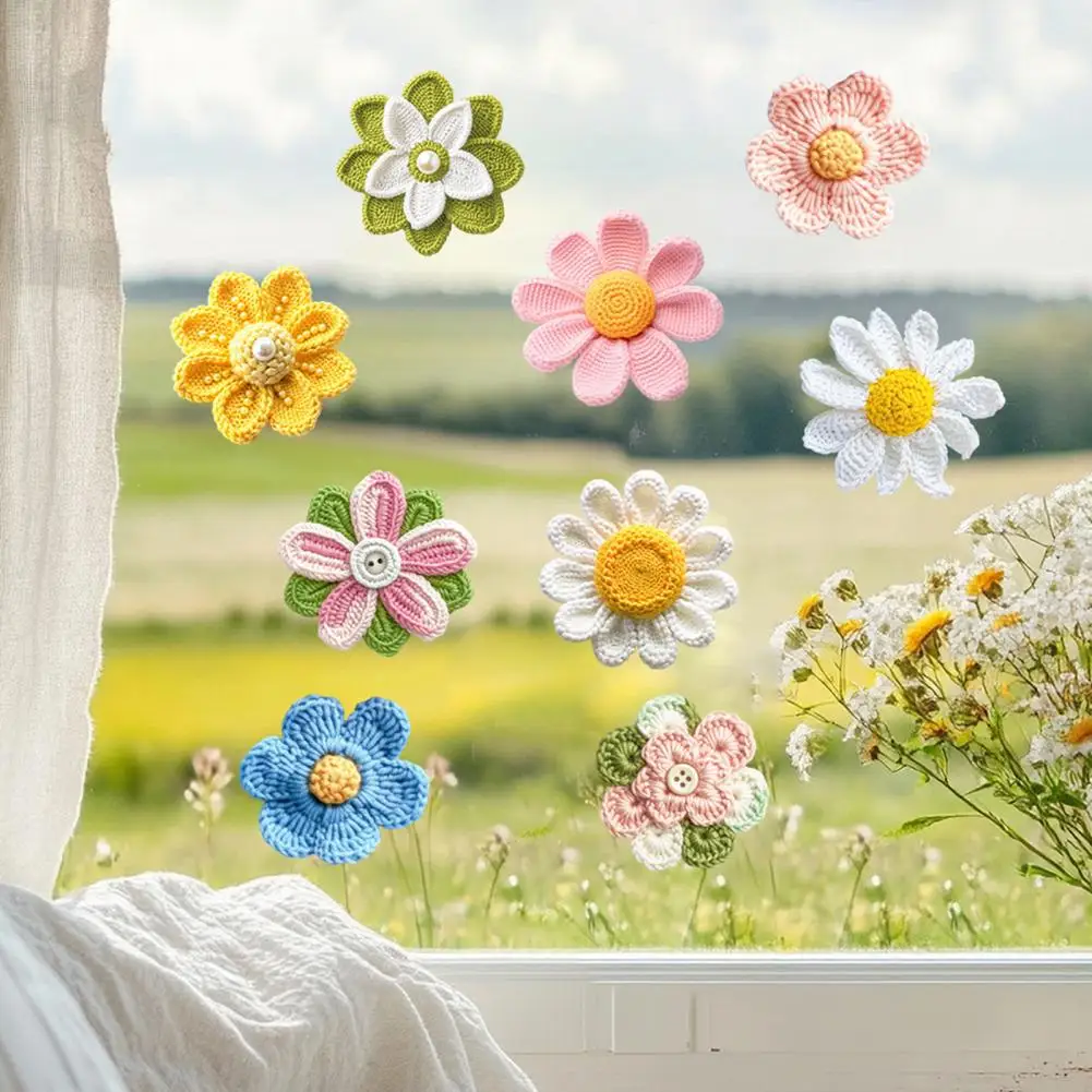 Spring Window Decor Colorful Crochet Yarn Flower Window Double-sided Knitting Decoration Decal for Spring Summer Waterproof Pvc