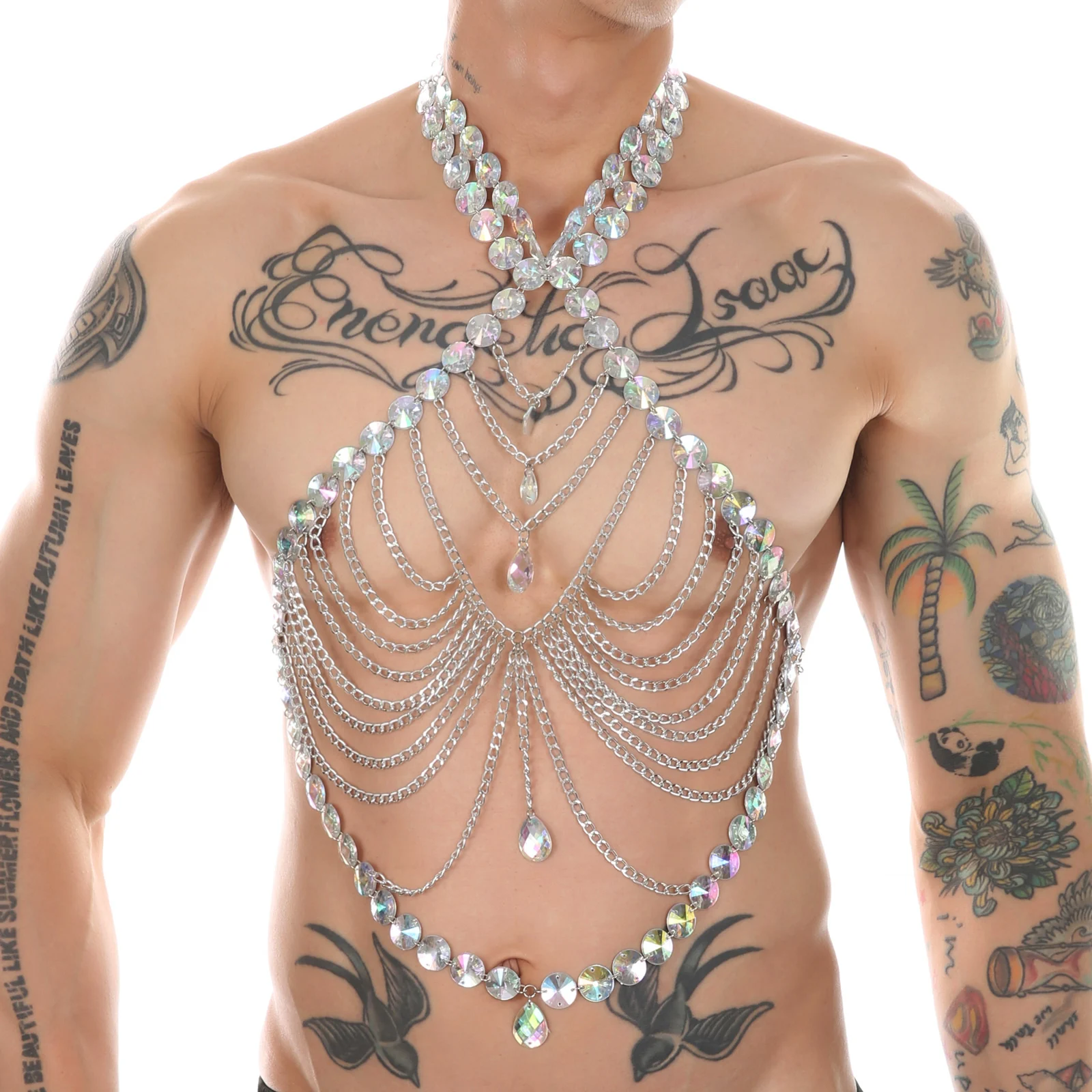 CLEVER-MENMODE Sexy Bohemia Body Chain Chest Finger Necklace Men Punk Harness Imitation Crystal Bondage Clothing