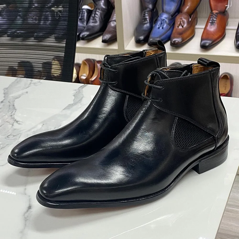 Men's Street Style Leather Boots Square Plain Real Leather Chelsea Ankle Boot Handmade Lace-Up in Black/Brown for Casual Dress