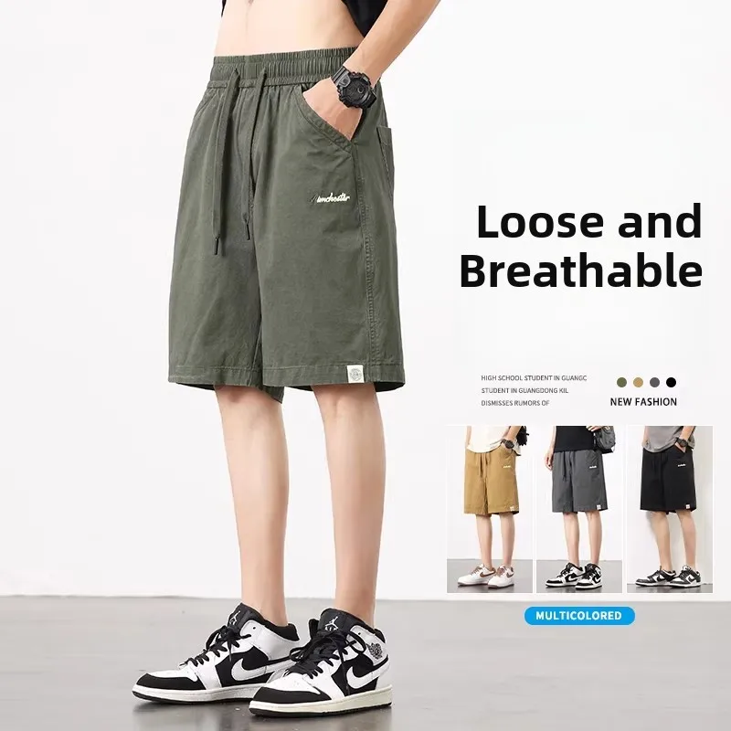 

Casual Loose Fit Pure Cotton Workwear Shorts Military Green Thin Men's Outerwear mid Waist Five-Quarter Length Straight Leg