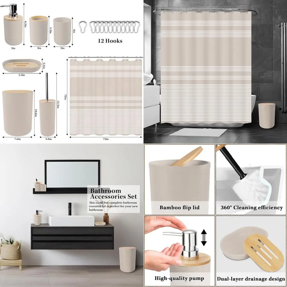 

Boho Style Bathroom Accessory Set: Beige Shower Curtain, Trash Bin, Soap Dispenser, Toilet Brush Holder, and Toothbrush Organize
