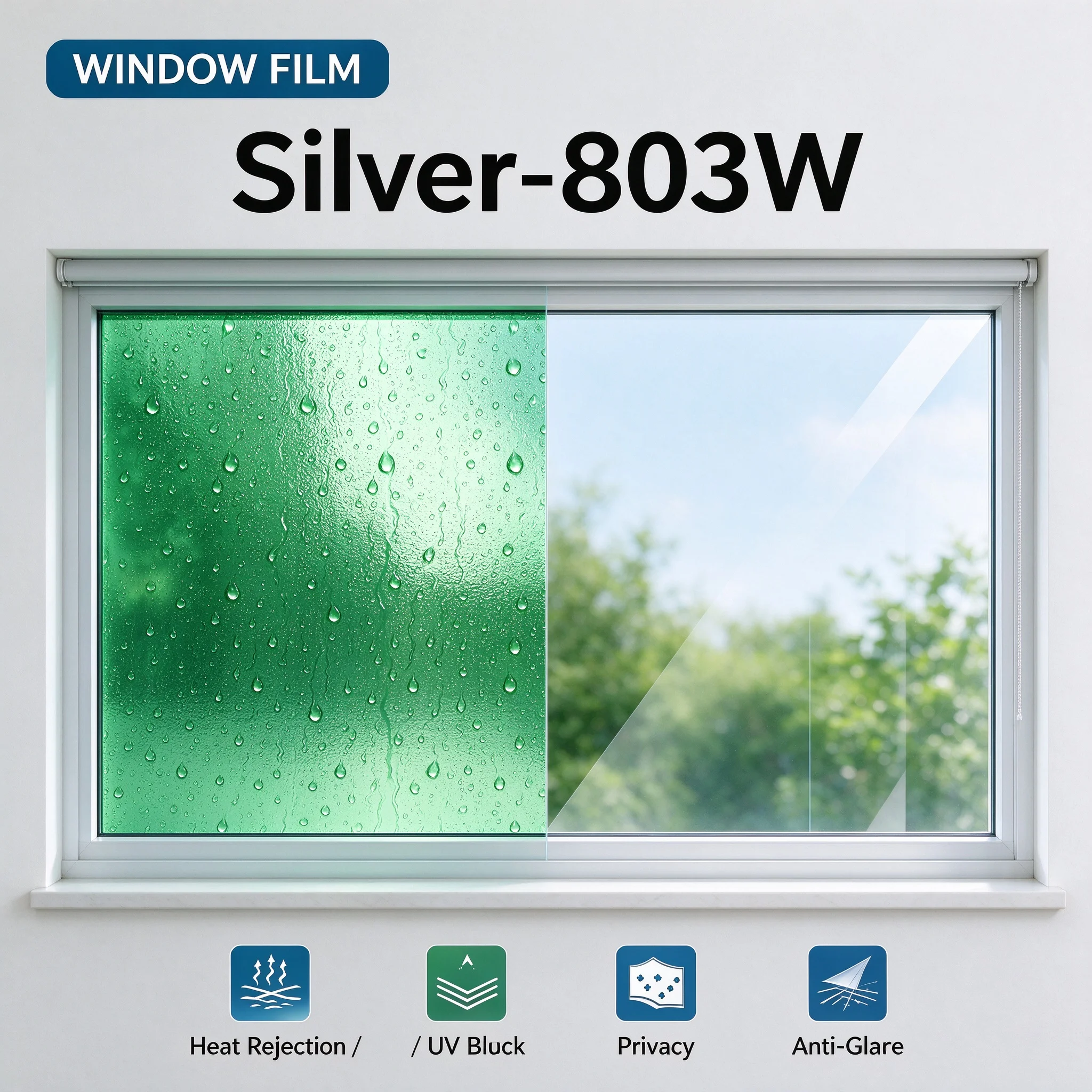 Silver-803W One Way Privacy PET Window Film Roll Heat Insulation Anti Glare Block UV Light Easy DIY Install Indoor Glass
