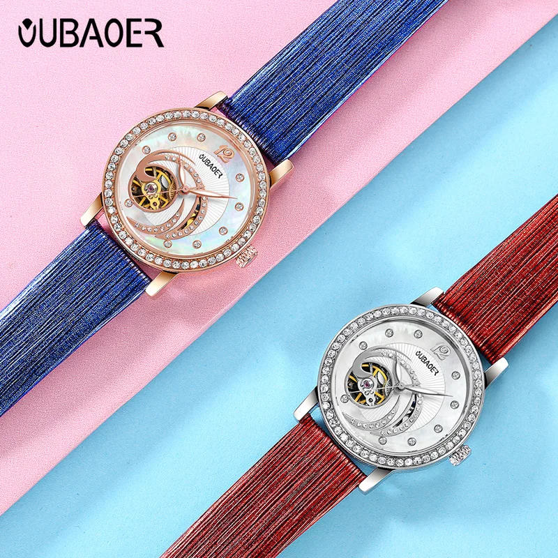 Oubaoer New Luxury Fashion Mechanical Watch Elegant Women's Watch Hollow Design Diamond Inlaid Ladies Waterproof Automatic Watch