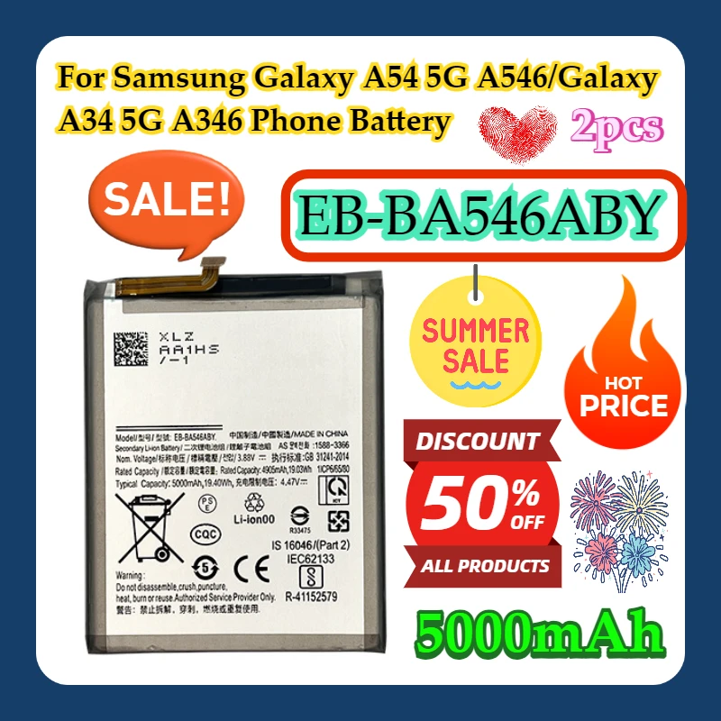 

2 шт. для Samsung Galaxy A54 5G A546/Galaxy A34 5G A346 телефона EB-BA546ABY 5000 мАч аккумулятор