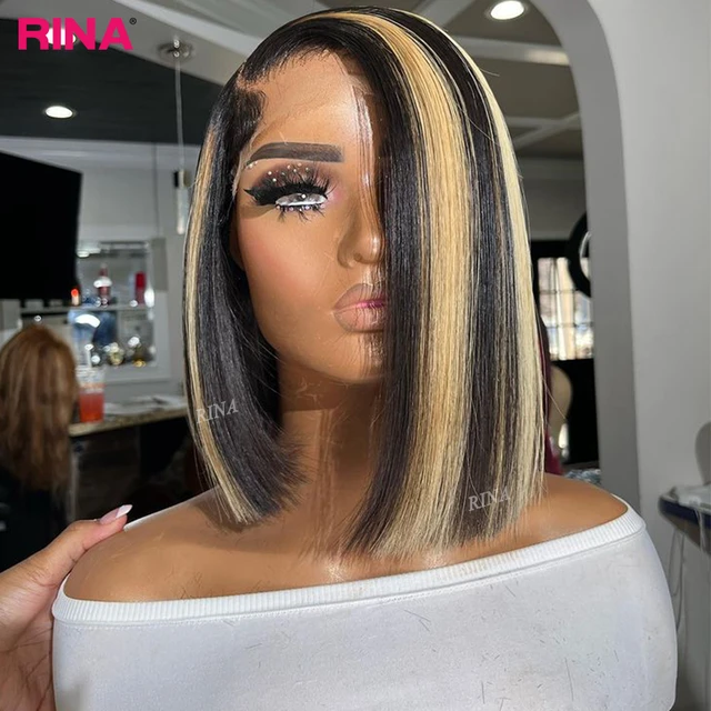 Black Hair with Blonde Highlights Wavy Human Hair Lace Front Wigs