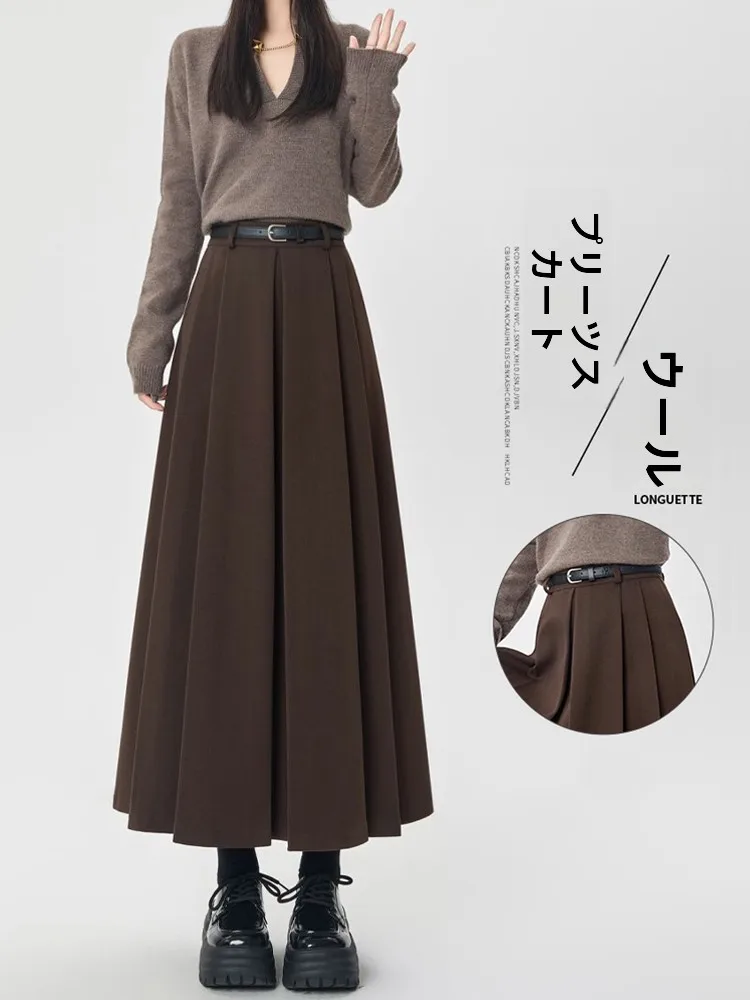 Caramel Woolen A-Line Midi Skirt Women's High Waist Draped Long Skirt Autumn Winter Fashion Commute Style Korean Version