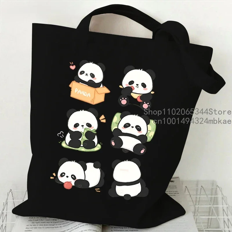 Cartoon Panda Pattern Canvas Shoulder Bag Women Portable Versatile Storage Bag Cute Animal Panda Shopping Bags Teen Girl Handbag