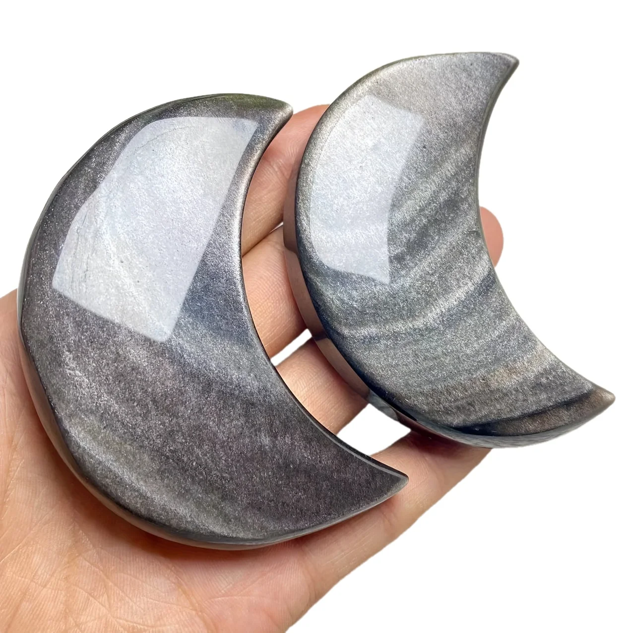 1PC Silvery Obsidian Moon Shape, Natural Obsidian Moon Carving Craft, Office Home Atmosphere Decor Pieces,  Perfect Gift