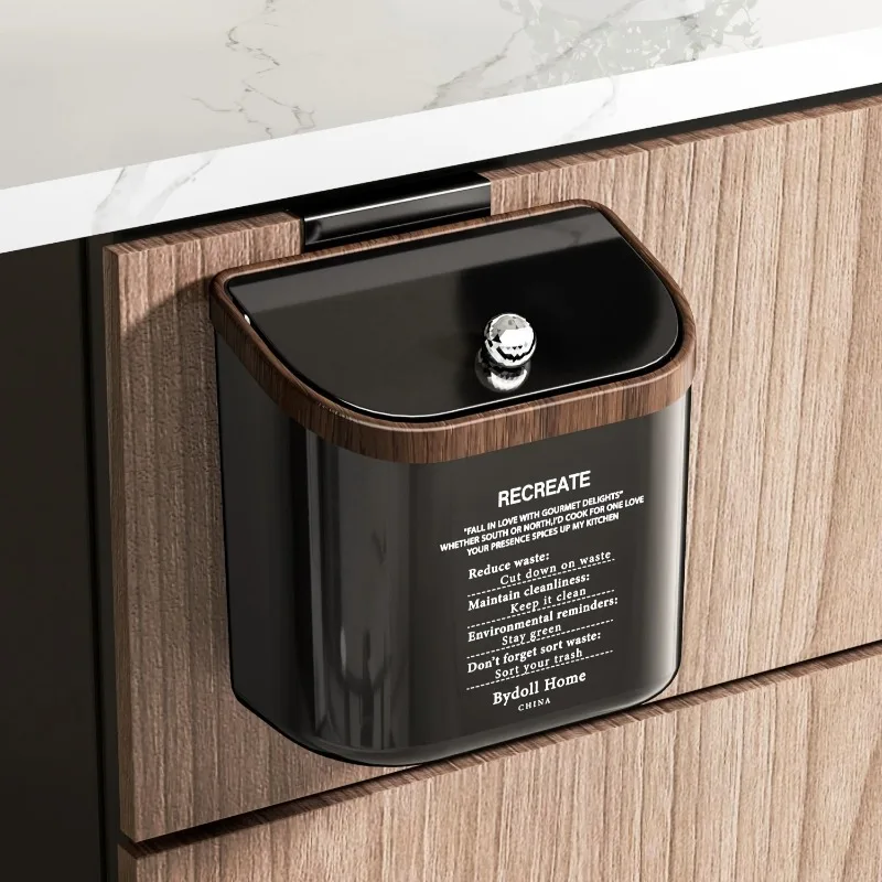 Bote de basura de nogal macizo con tapa de bloqueo, cesta de basura moderna para colgar en la pared, para encimera de cocina, baño, contenedor de abono ecológico