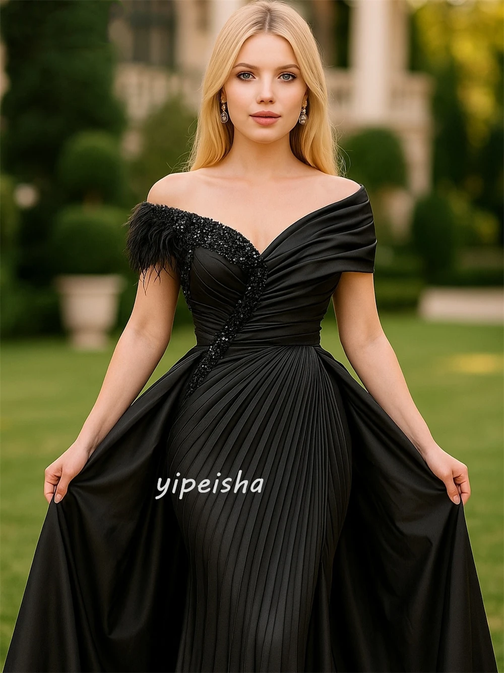 Индивидуальные высококачественные классические джерси с перьями и бисером, длинные платья трапециевидной формы с открытыми плечами, модные платья для особых случаев на заказ