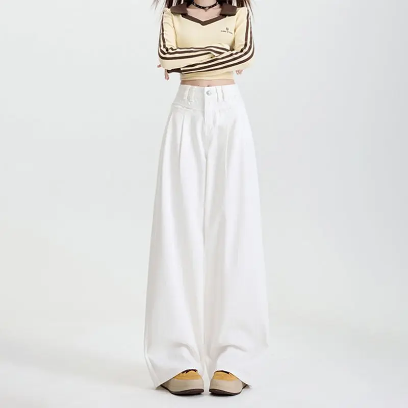 

White versatile slimming jeans, comfortable and stylish women's clothing2025Korean-style high-waisted loose wide-leg pants that