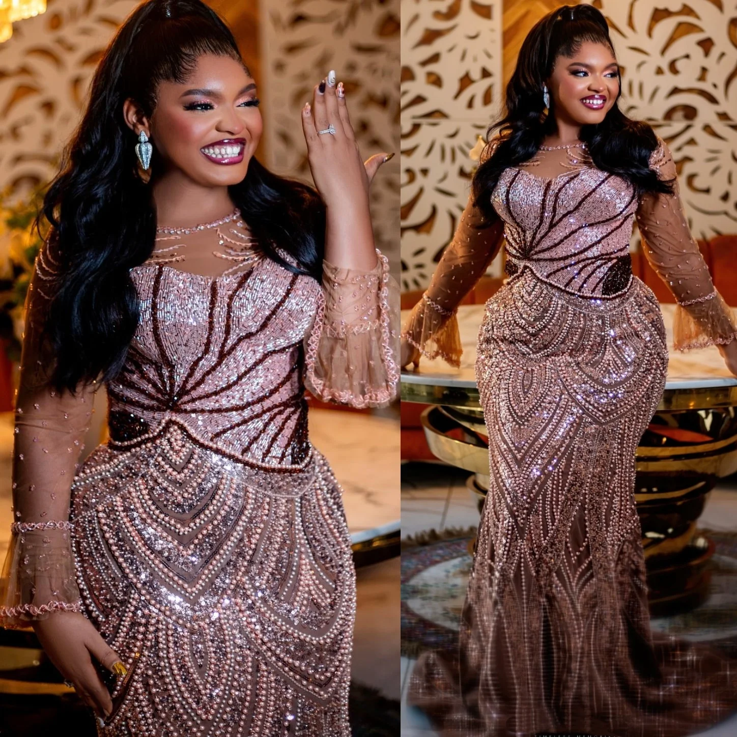 

Шоколадное платье русалки для выпускного вечера 2025, жемчуг, бисер и кристаллы, с прозрачным вырезом, вечерние вечерние платья для дня рождения, платья ZJ2600