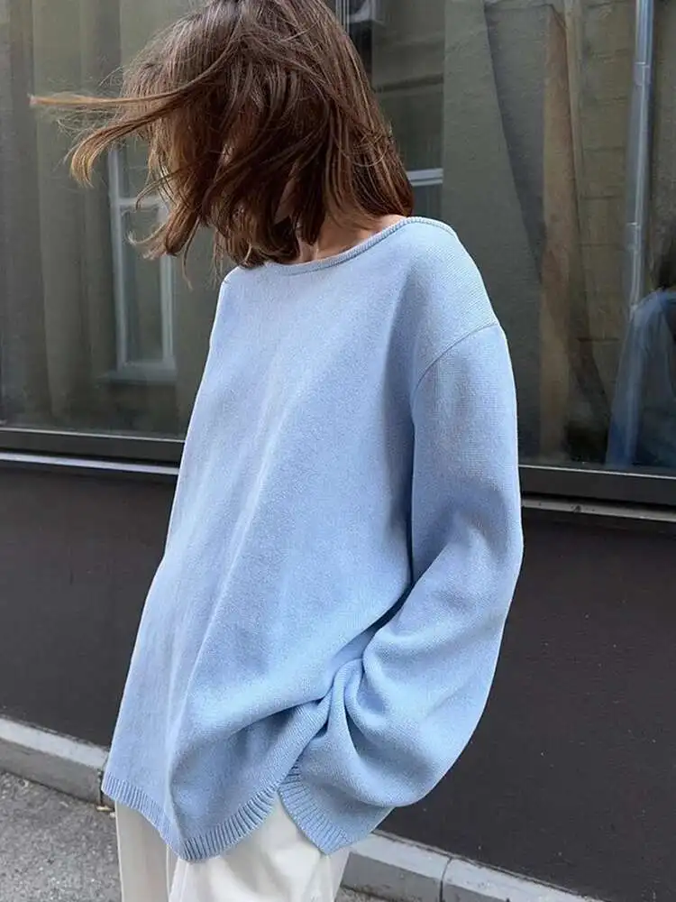 Fantoye вязаные сексуальные пуловеры с открытой спиной, женский свитер, синий свитер с длинными рукавами и круглым вырезом, женский осенний свободный повседневный уличный свитер
