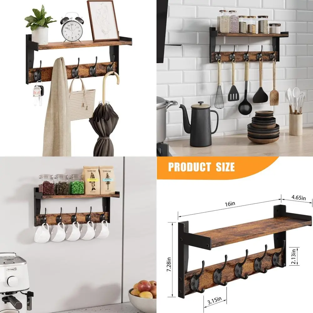Ganchos de parede com prateleira, cabide de madeira com prateleira de parede, prateleiras suspensas de entrada com 5 ganchos de metal para roupas, chapéus towe