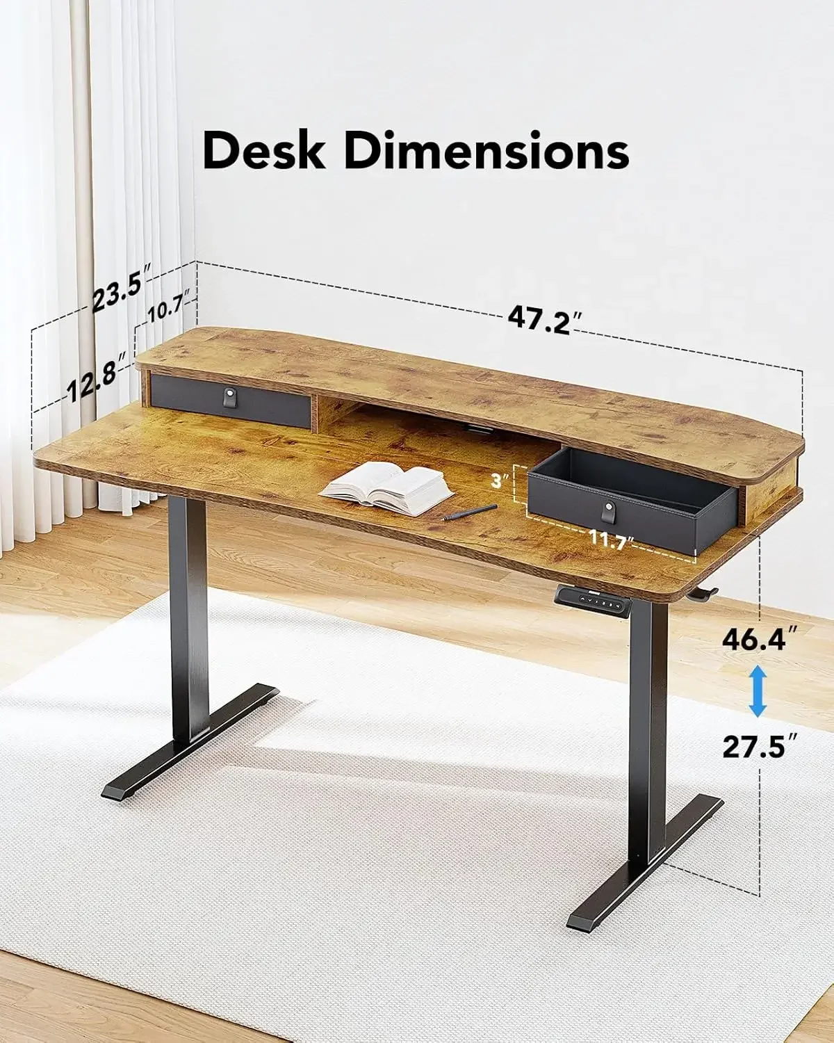 48″ x 24″ Electric Standing Desk with 2 Drawers, C-Clamp Mount Compatible, Height Adjustable Computer Desk