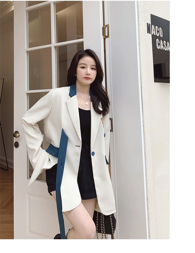 2024 Spring Autumn New South Korean Fashion Suit Color Contrast Splicing White Women's Suit Jacket Advanced Design Sense Niche