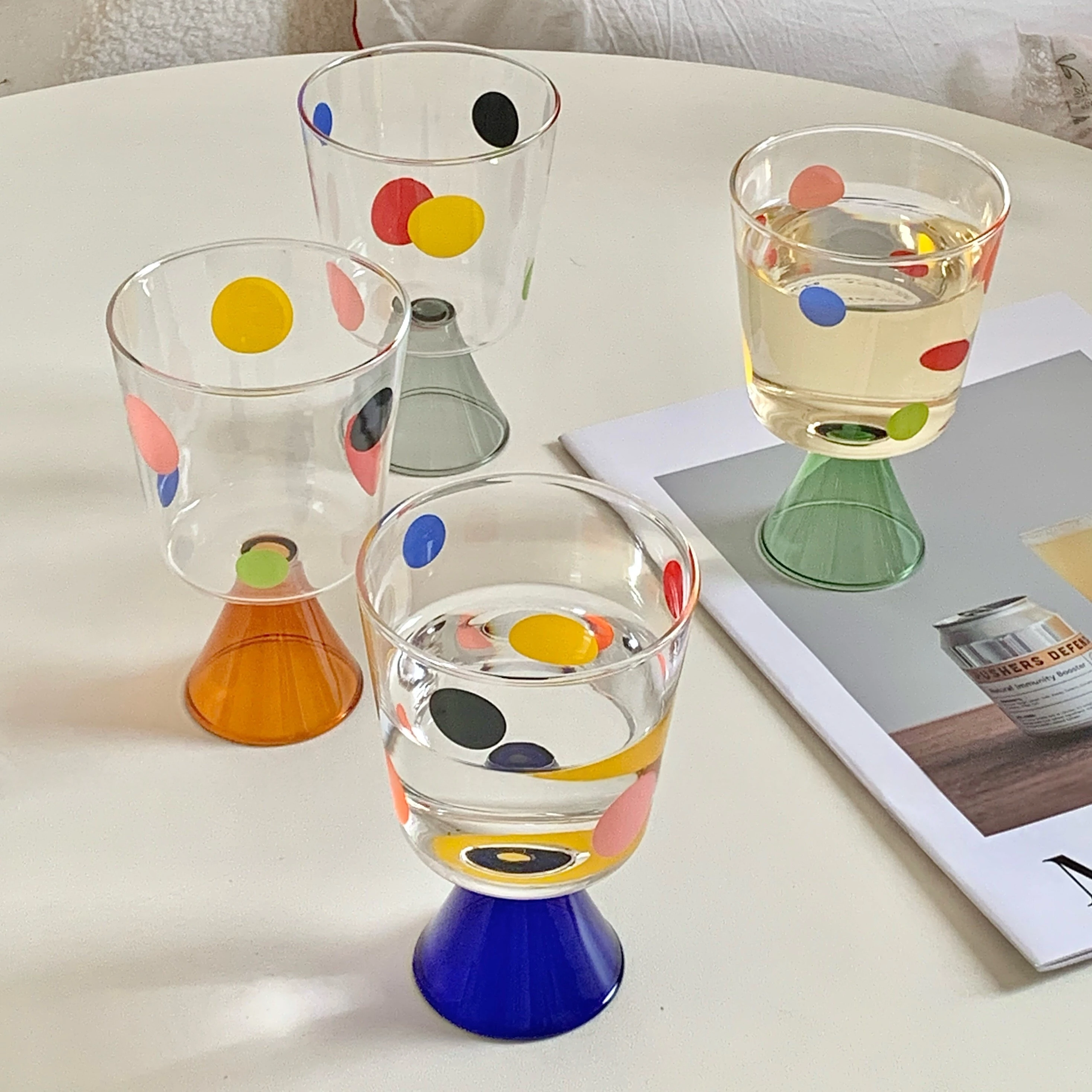 Vintage Colored Polka Dot Goblet Glass Cup, Borosilicate Heat-resistant Glass Wine Champagne Cock Tail Glass Coffee High Foot
