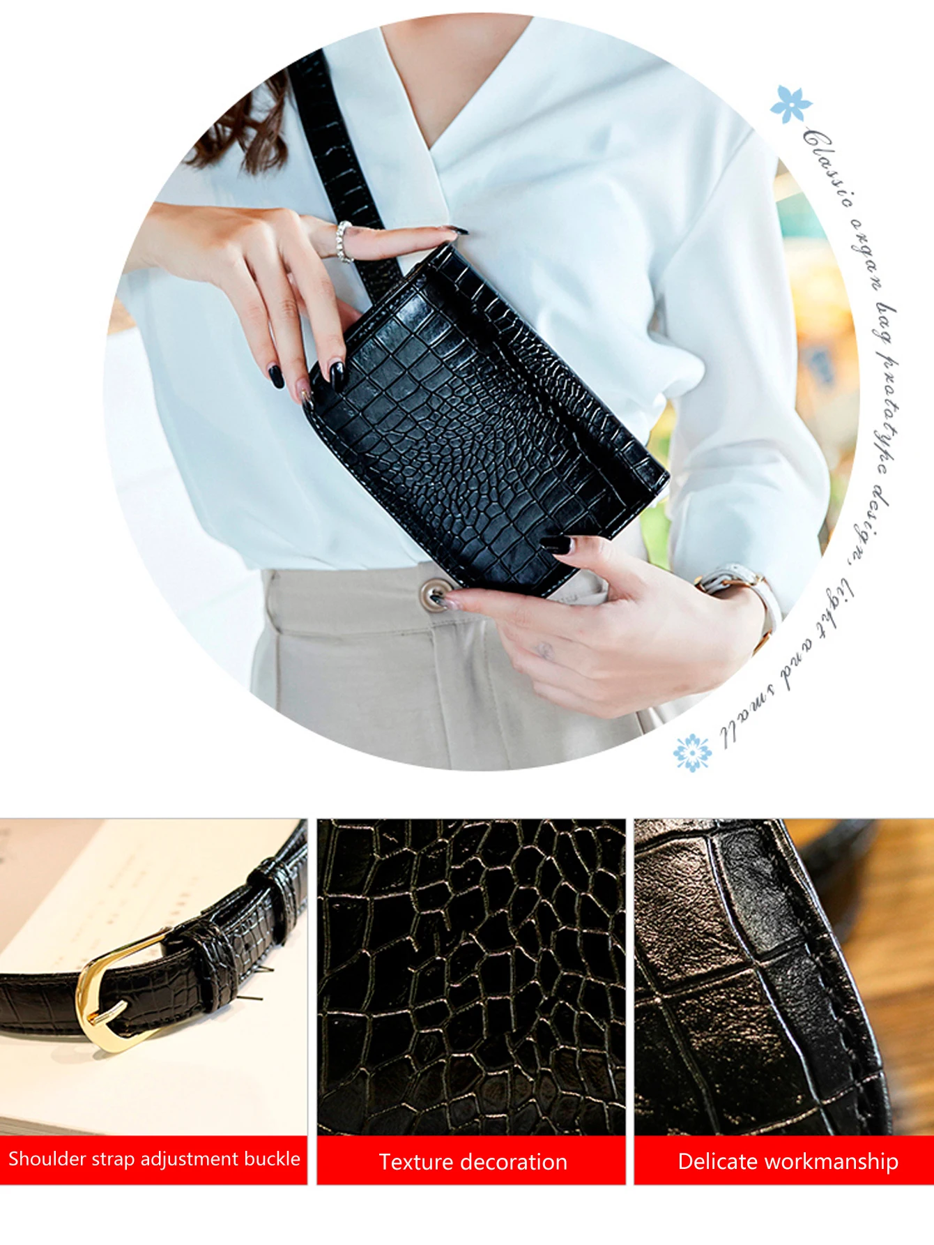 Modische Damen-Hüfttasche, multifunktionale kleine Tasche aus PU-Leder mit Krokodilmuster, lässige Sport-Brusttasche mit diagonalem Kreuz – Detail 2