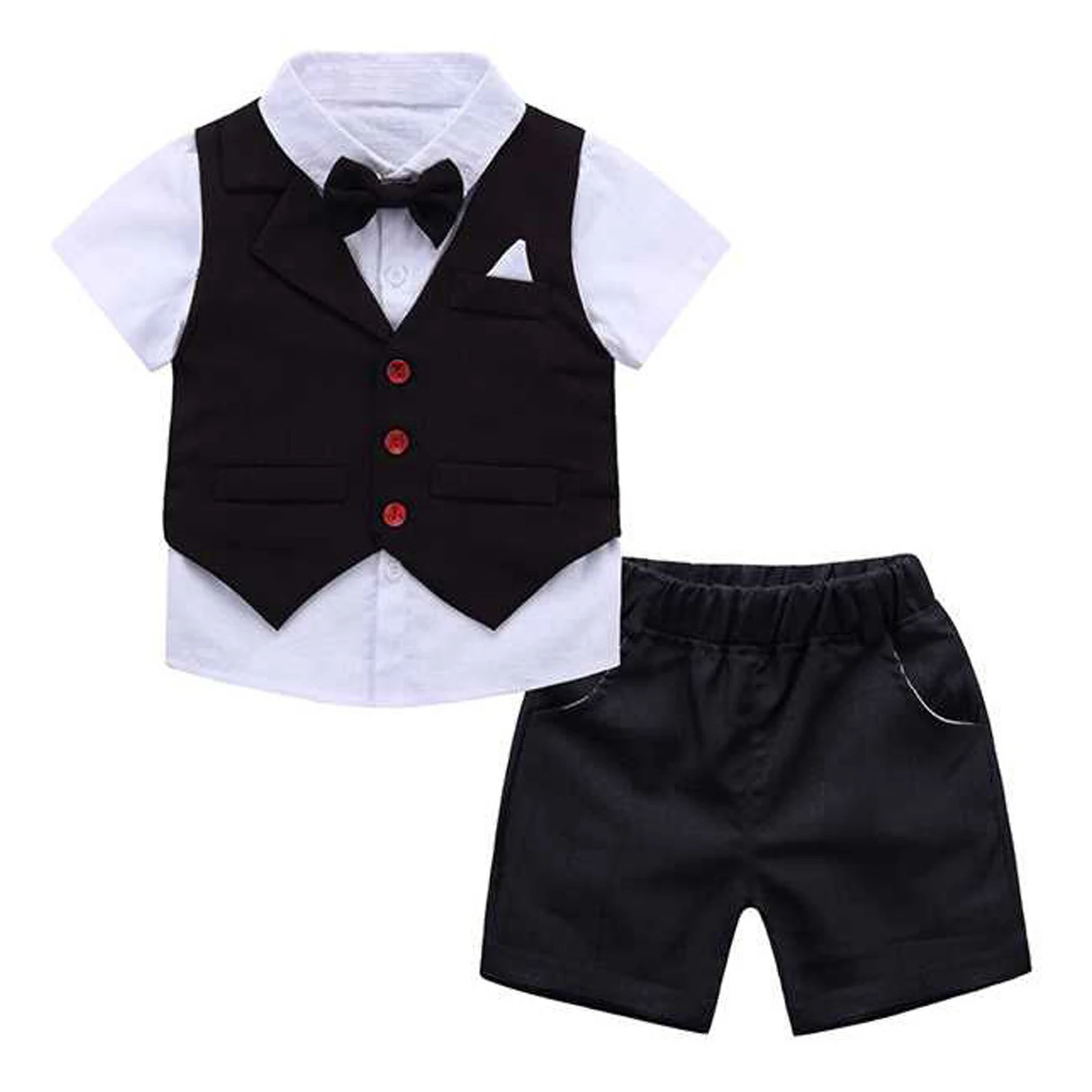 Little Boys Baby Formal Suits Wedding Gentleman Bow Tie Shirt Waistcoat Fake Two-Piece Tops with Shorts Gentleman Outfits