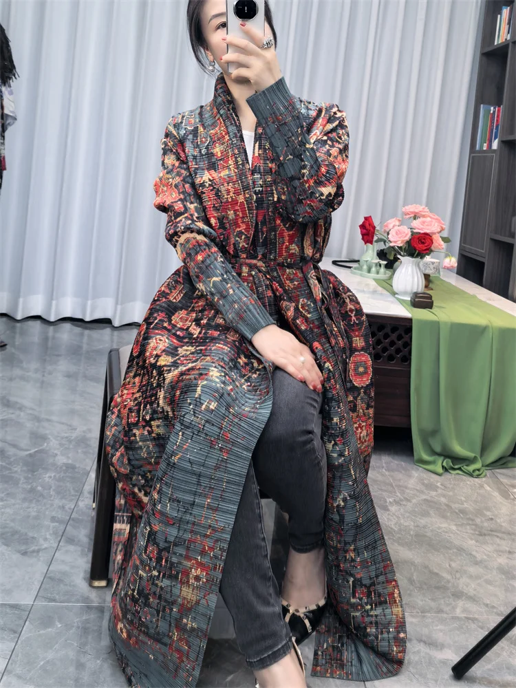 Abaya Long Trench Coat Miyake Women\'s Summer Style Elegant Wrinkled Loose Large Size Printed Middle East Cardigan Robe Tide