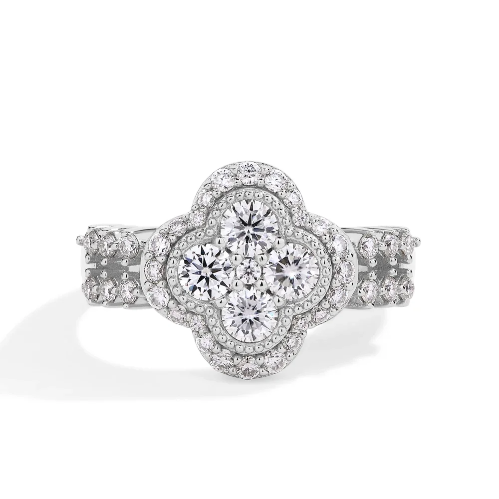 Fine Jewelry Four-Leaf 18k White Gold Plated Diamond Ring For Women S925 Sterling Silver Engagement Wedding Jewelry Gift