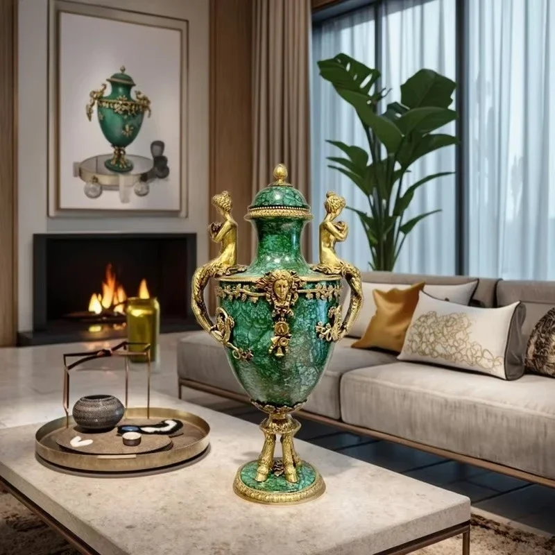 European high-end binaural Muse storage tank desktop decoration, luxury antique emerald brass porcelain bottle home decoration