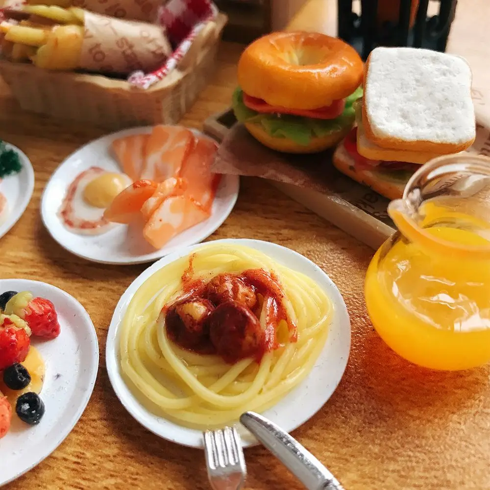 Cute 1/6 Scale Dollhouse Miniature Breakfast Mini Bread Waffle Bacon Bagel Clay Food for Doll Kitchen Toys Accessories