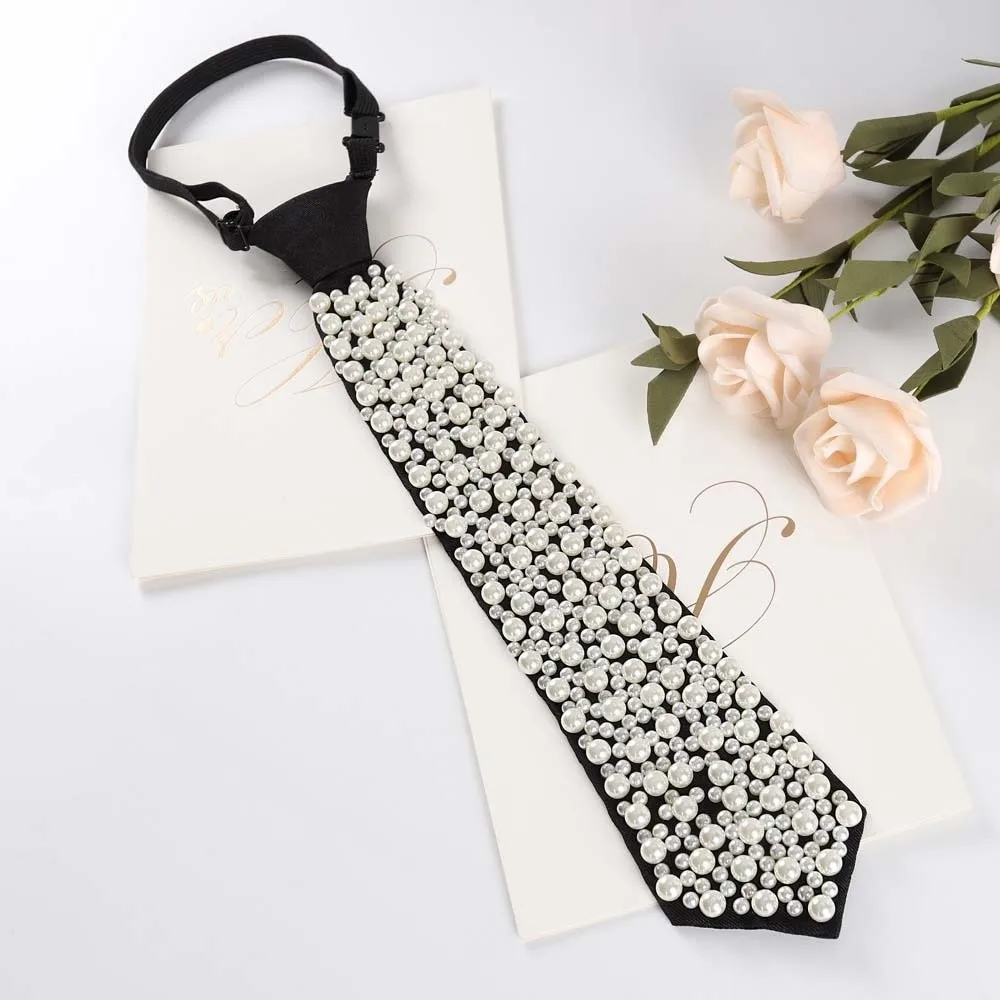 

Korean Style Full Pearls Tie Black Choker Hand-beaded Long Necktie Geometric Collares Decoration Shirt Tie Women
