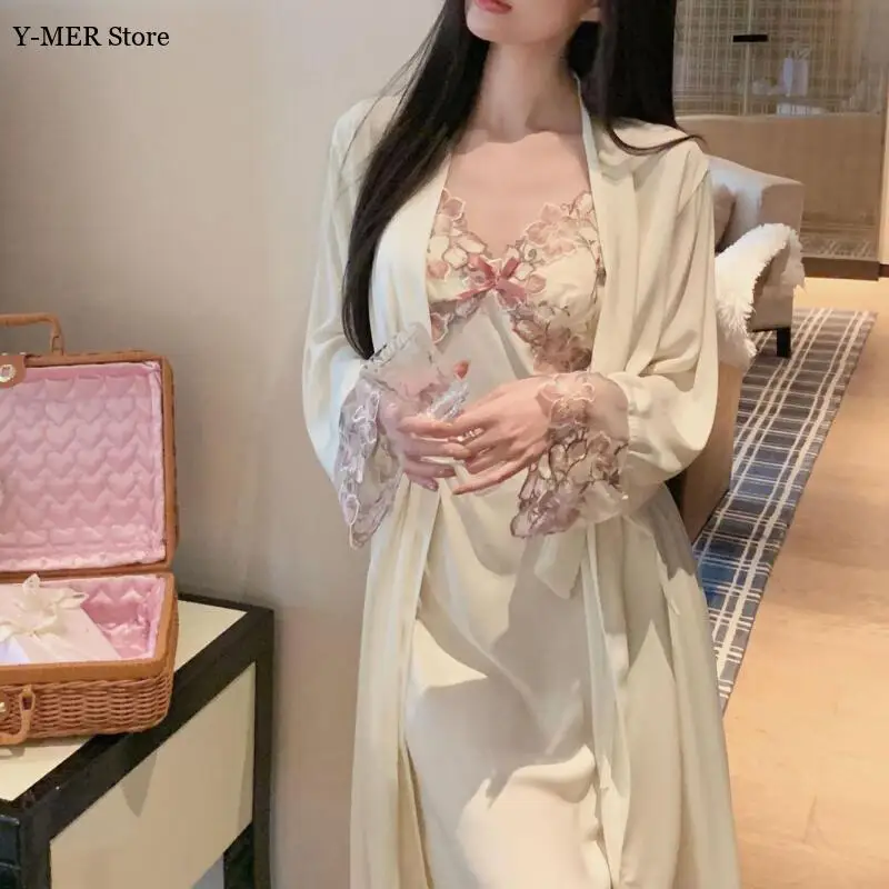 Luxury Embroider Flower Spaghetti Strap Women Rayon Sleepwear Sexy Robe Suit 2026 Spring Summer New Home Dressing Gown Kimono