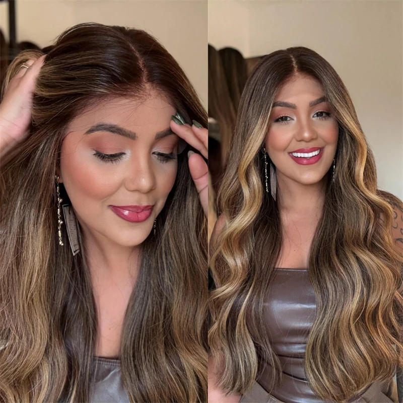 

13x4 Ombre Каштановый Коричневый Мелирование Синтетический HD Прозрачный Парик Фронта Шнурка Мягкий Длинный Парик Объемной Волны Натуральный Предварительно Сорванные Волосы