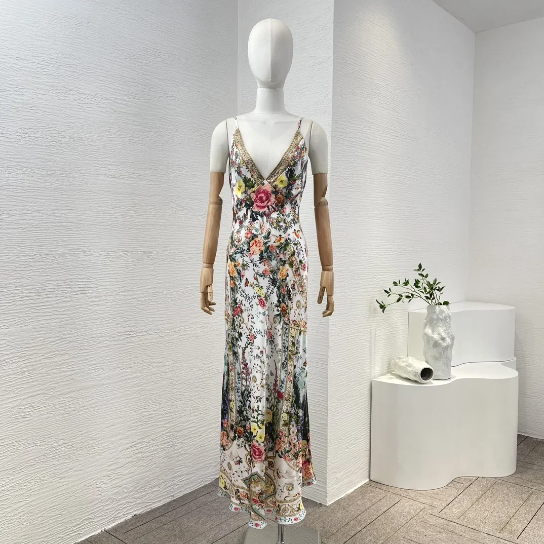 

Summer 2024 New High Quality Silk Spaghetti Strap White Vintage Floral Print Sleeveless V Neck Backless Sexy Midi Dress