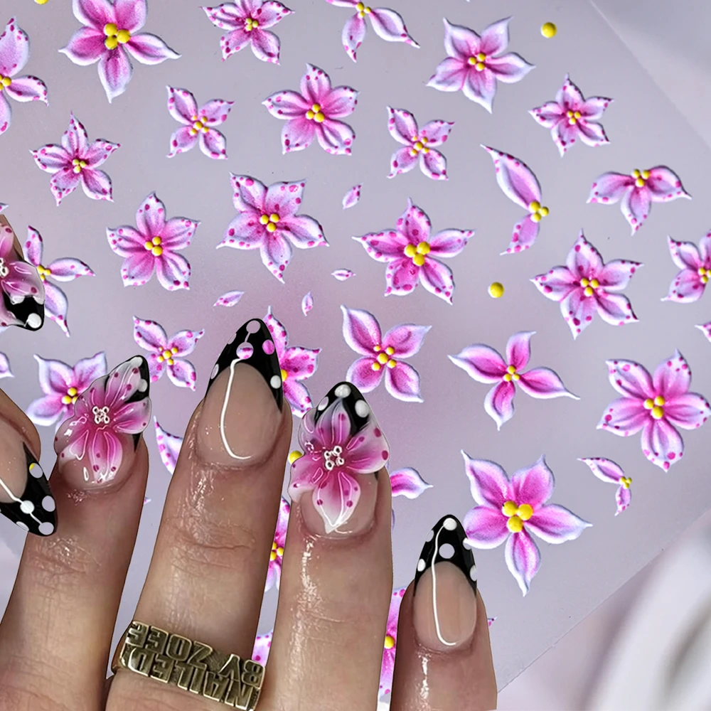 5D Embossed Pink Spotted Lily Flower Nail Sticker Gradient Pink White Five-Petal Floral Nail Decals Self-adhesive Manicure Decor