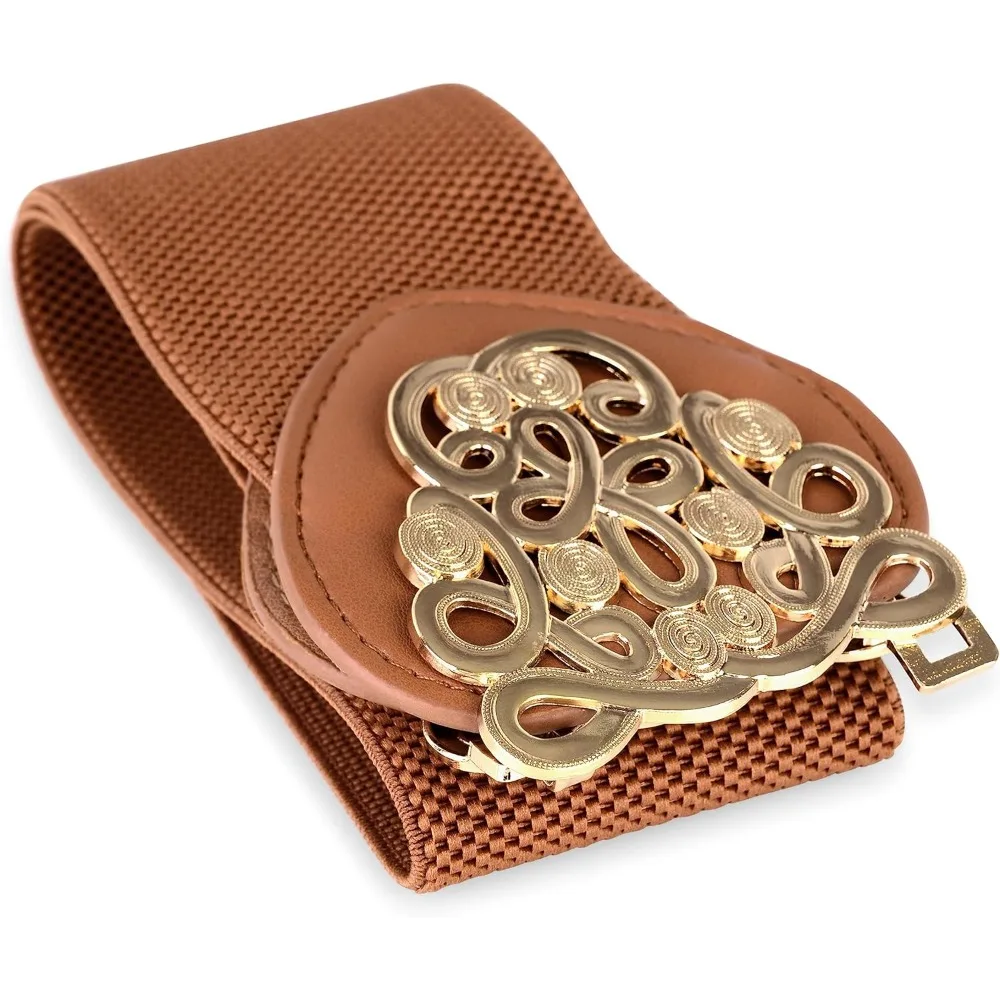 BlackButterfly Wide Elastic Cinch Stretch Waistband Retro Gold Medusa Buckle Waist Belt