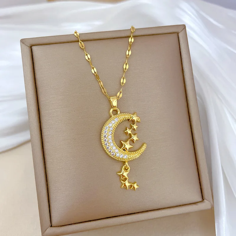 Classic Personality Micro-inlaid Moon Tassel Star Necklace Fashionable Charm Girls All-match Stainless Steel Clavicle Chain