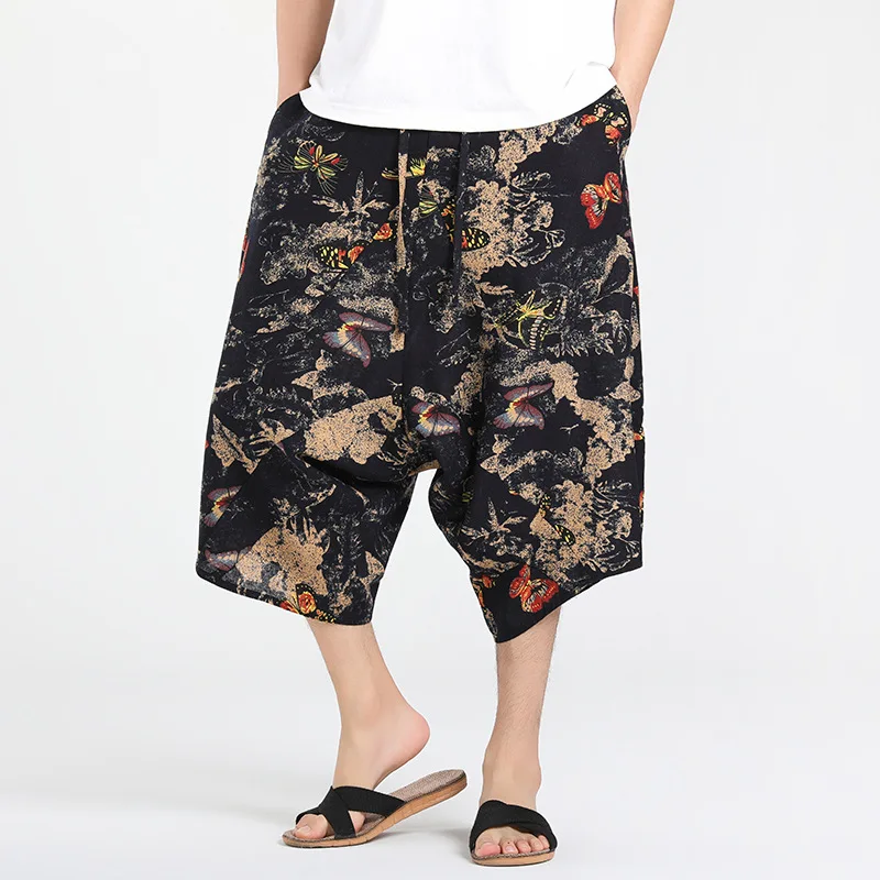 Summer Chinese Style Men's Retro Trendy Shorts  Streetwear Wide Leg Pants Male Harajuku Style Vintage Men Harem Pants