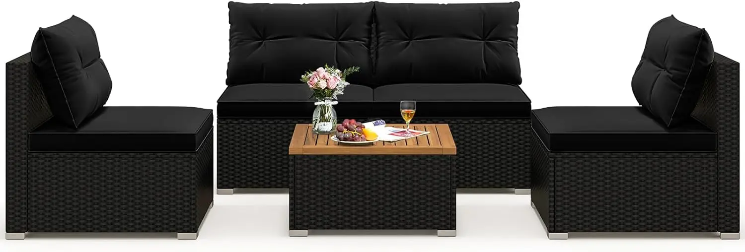 

5 Piece Rattan Sofa Set, Outdoor Wicker Furniture Set w/Seat & Back Cushions, Patio Sofa Set for Backyard, Poolside (Black)