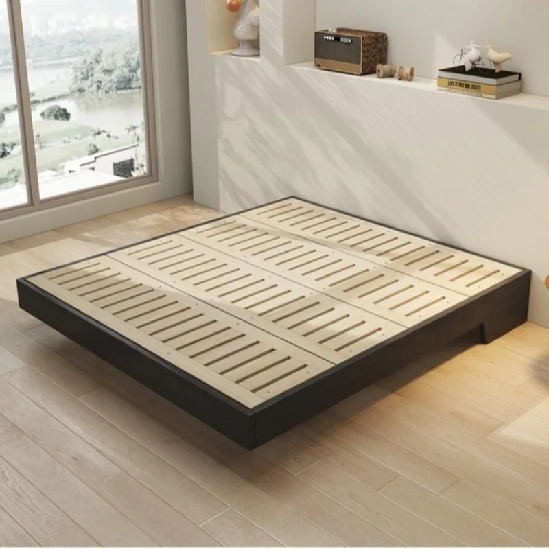 Retro style no bedside solid wood bed black peninsula suspended bed frame bedroom small apartment without back flush edge tatami