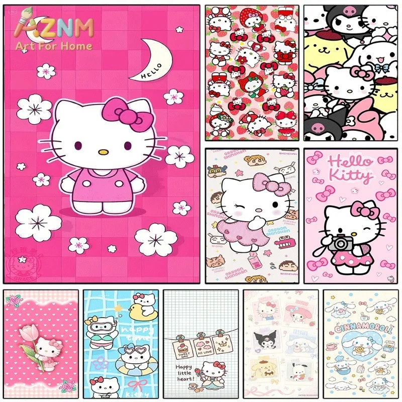 Hello Kitty Canvas Poster Sanrio Cute Cartoon Wall Art Unframed Print Hot Pink Grid Kawaii Aesthetic Home Wall Decor Gift