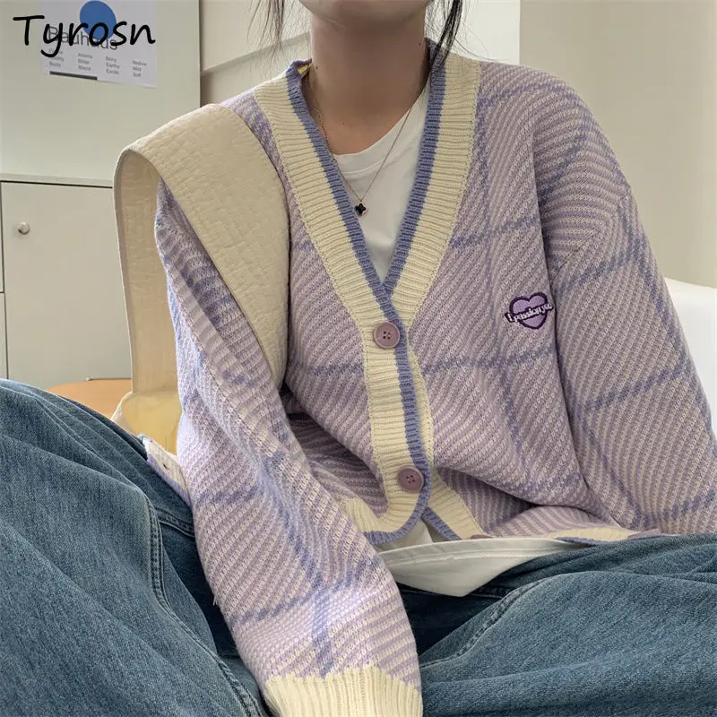 

Purple V Neck Plaid Cardigans Women Loose Fashion Streetwear Teenagers Casual Vintage Stylish Harajuku All Match Ulzzang Ins