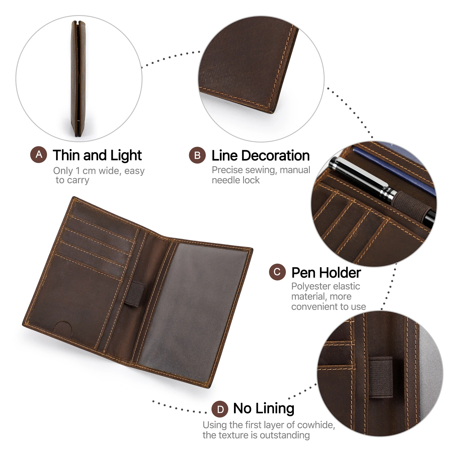 Retro Leather Passport Cover, RFID Blocking for Cards, Travel Passport Wallet, Document Organizer Case, 1 Pen Holder, Homens e Mulheres