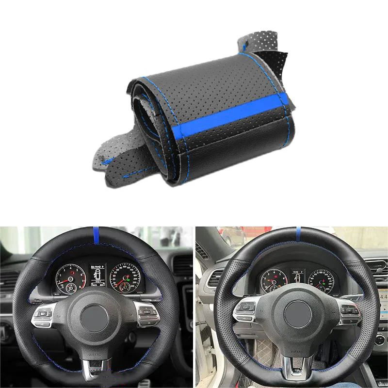 Car Leather Handed-stitched Blue Strip Steering Wheel Cover For Golf 6 GTI MK6 VW Polo GTI Scirocco R Passat CC Tiguan R-Line