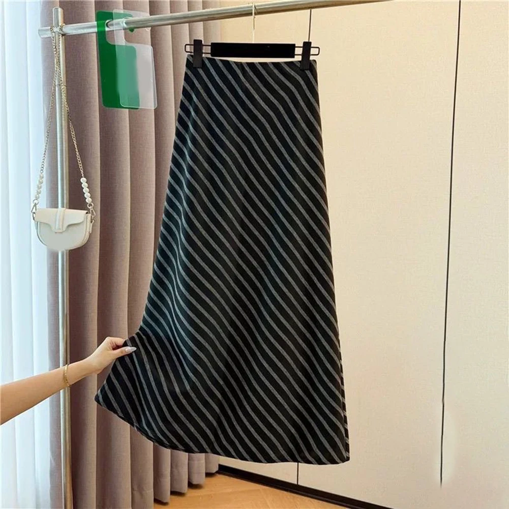 Striped Long High-waist Skirt For Work For Party 70 Polyester 30 Spandex Slight Stretch Fabric Elastic Waistband