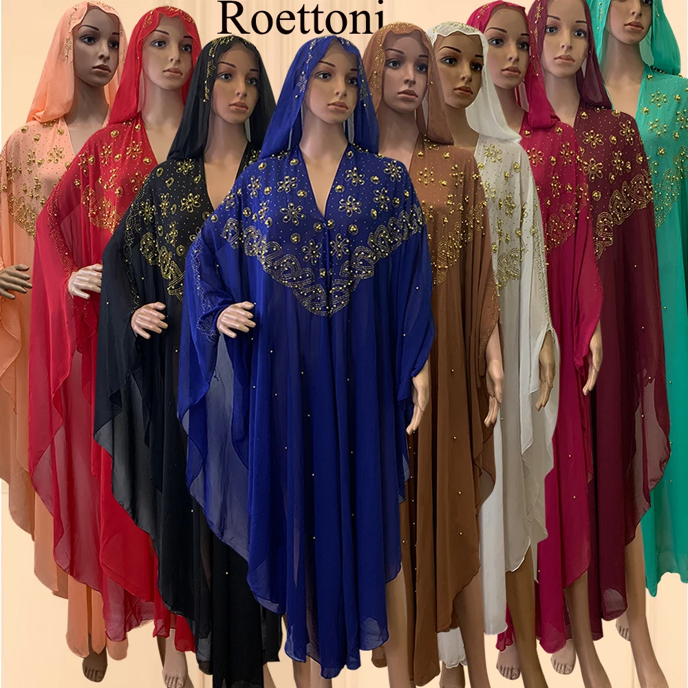 Muslim Kaftan Abaya Dress Women Dubai Open Outfit Turkish Stones Chiffon Hooded Dress Elegant African Loose Boubou Beads Luxury