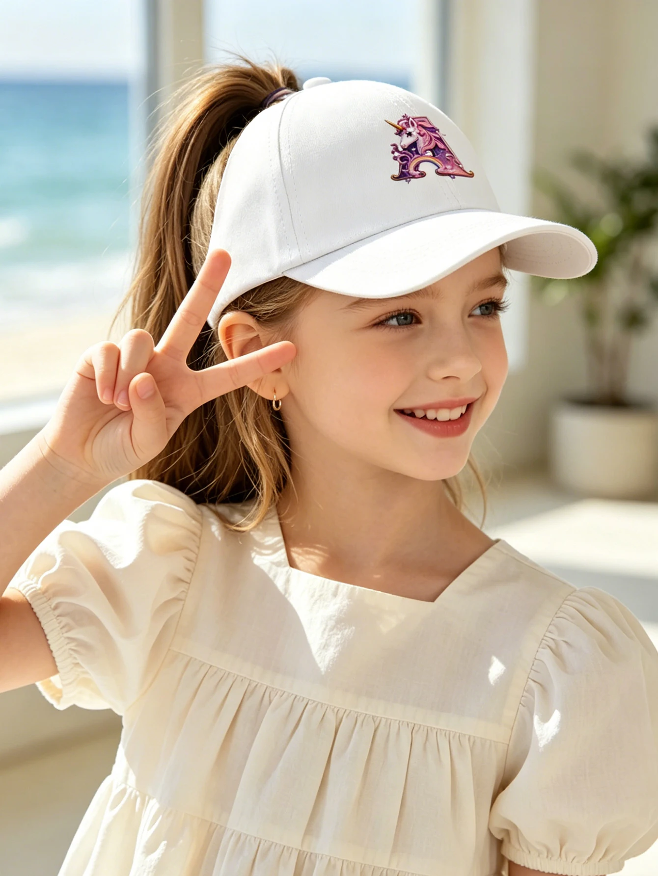 1pc white baby hat  Adjustable Youngsters' Baseball Cap with A-Z letter Rainbow Unicorn - Breathable Sun Hat for Boys and Girls view 4