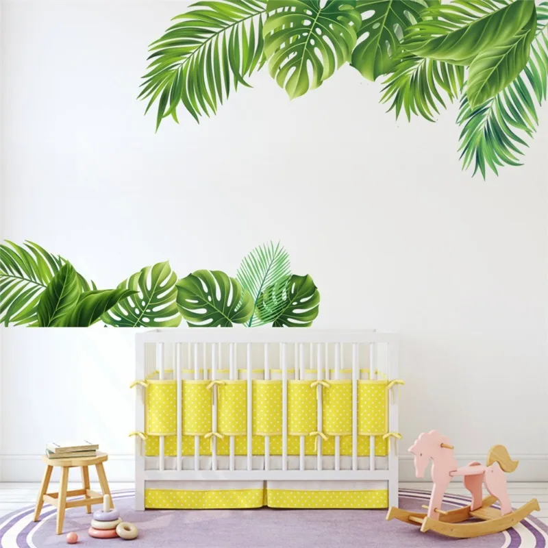 Leaves Flowers Wall Stickers Removable Green Palm Leaf Window Stickers For Home Wall Decals Mural Refrigerator Stickers