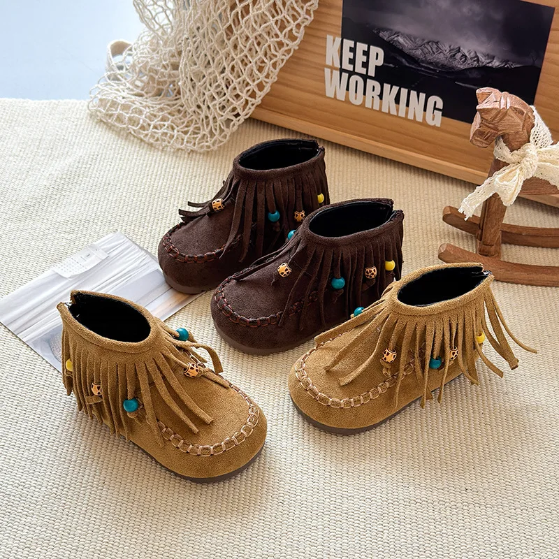 Botas 2025 Winter New Ethnic Style Kids Snow Boots Comfort Anti Slip Girls' Tassel Ankle Boot Retro Versatile Child Cowboy Boots
